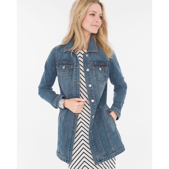 Chico's Jackets & Blazers - Chico's Blue Medium Dark Wash Petite Button-Front Elongated Jean Jacket Size 1P